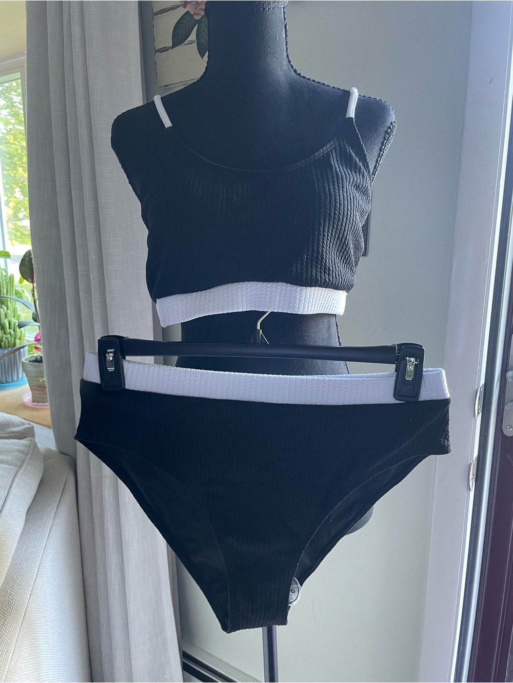 Black Ribbed Two-Piece Bikini with White Trim